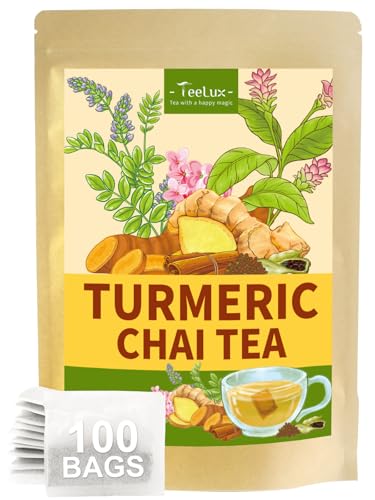 Image of TeeLux Turmeric Chai Tea, Turmeric Tea with Licorice, Cinnamon, Ginger & Green Cardamom, Warming & Spicy Flavor, 100 Count
