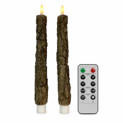 Image of Tree Bark Flameless LED Taper Candles, 10 Inch Flickering Wax Candles with Remote & Timer, Battery Operated Dripless Tapered Candle for Home Wedding Decor, 2Pack