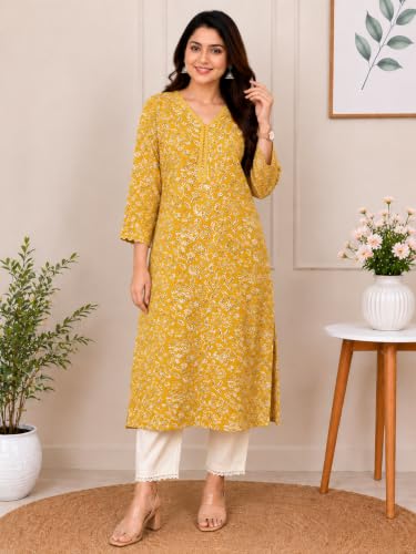 Image of Women's Cotton Floral Printed V-Neck A-Line Kurta /Regular Fit Kurti-3 /4 Sleeve