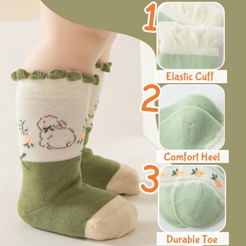 4 Pairs Toddler Baby Girl Boy Kids Socks, Green Cute Bunny Flower Soft Cotton Crew Socks, 0~5T (Large)3
