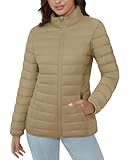 MAGCOMSEN Womens Ultra-light Full-Zip Puffer Padded Jackets Winter Stand-Collar 4 Pockets Quilted Coat, Khaki M