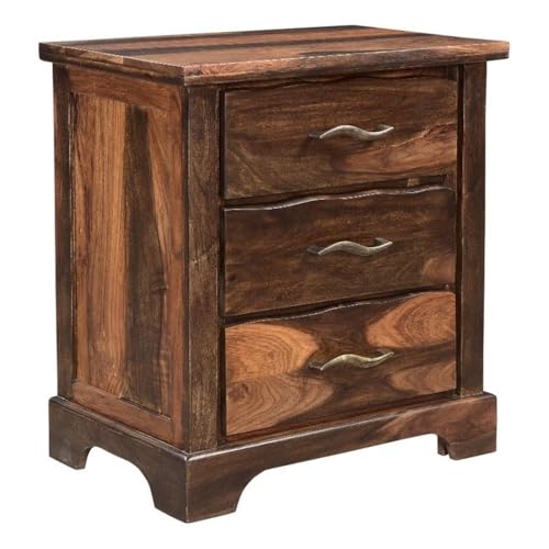 Pemberly Row 3-Drawer Live Edge Solid Sheesham Wood Nightstand, Dark