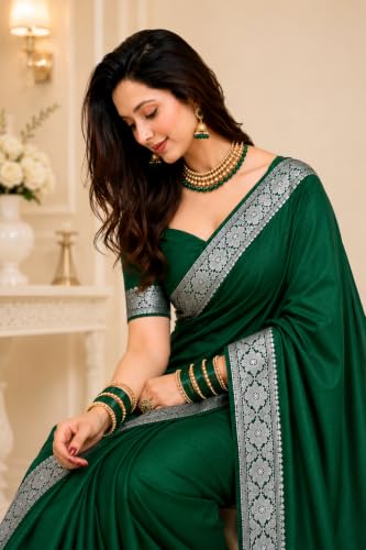 Image of Women's Glory Banarasi Satin Kanjivaram Saree Silver Zari Border Pure Soft Blend Silk Sari Kanchipuram Paithani Silk Party Wedding Festive New Ladies Sadi with Unstiched Blouse Piece.