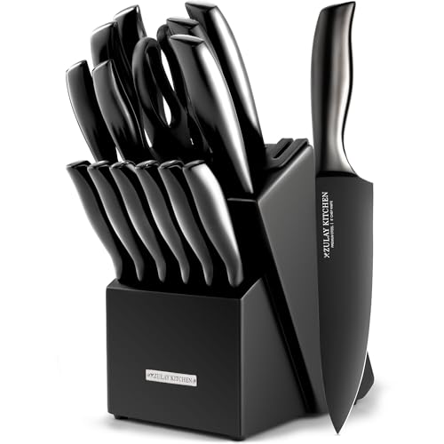 Zulay 15 Piece Stainless Steel Knife Set with Block and Sharpener - Sharp Knife Block Set with Built In Sharpener - Kitchen Knife Set With Block - Rust Proof Knife Set Stainless Steel -  Zulay Kitchen, Z-KNF-15PC-SS-BB