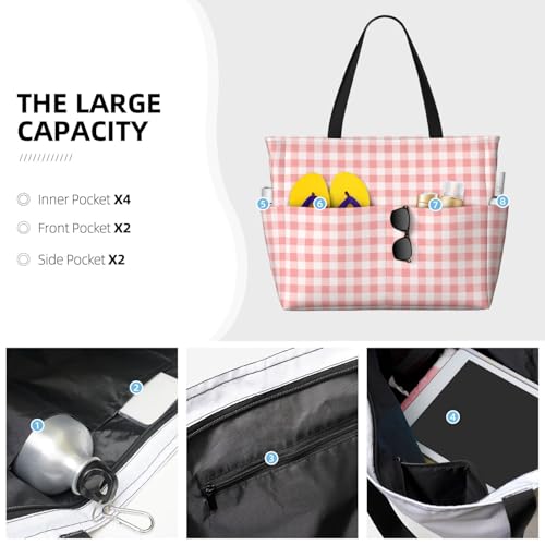 Large Beach Bags Water-resistant Sandproof - White Pink Plaid Cute Beach Tote Bags for Women with Zipper3