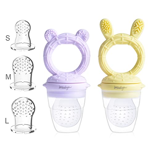 Mssiliyow Baby Fruit Feeder Pacifier 2 Pack Food Grade BPA-Free Silicone Pouches and Nipples Infant Baby Teether Toy 3M+ Dishwash Safe (Bear Periwinkle & Bunny Yellow)