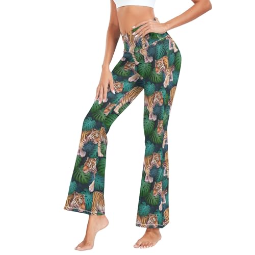 CHIFIGNO Damen Mode Ausgestellte Leggings Hohe Taille Crossover Bootcut Leggings Damen Hosen Weites Bein, Jungle Tigers Monstera Blätter, Groß