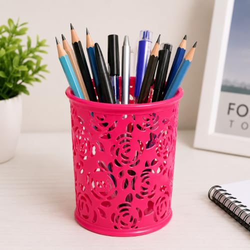 Image of Metal Mesh Pen Stand for Office & Home Desk | Black Stationery Holder Organizer for Pens, Pencils, Markers, Makeup Brushes | Durable Round Wire Mesh Pen Stand (Pack of 1) (Floral-Dark Pink)