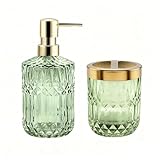 2Pcs Green Bathroom Accessories Set, Glass Bathroom Accessories, Vintage Bathroom Countertop Decoration Includes Soap Dispenser, Toothbrush Holder