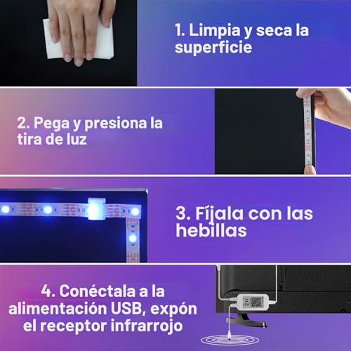 Miniatura 4 de Enteenly Tira Led Tv 3 Metros, Luces Led Retroiluminación De Tv Rgb 5050 Led Usb Con Aplicación Y Control Remoto Para Tv De 40 65 Pulgadas, Cine En Casa, Dormitorio