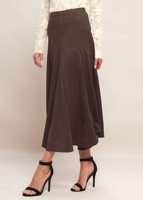 utcoco Women's Faux Suede Midi Skirt High Waisted Ruffle A Line Flared Fall Winter Long Skirt - Image 3