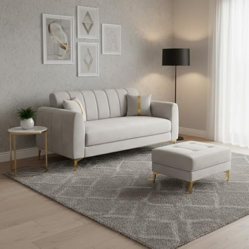 Image of Hermione Luxe Velvet-Suede Fabric 2 Seater Sofa Set with Ottoman | Golden Legs | Comfortable Seating | Modern Sofa for Living Room - Light Gray