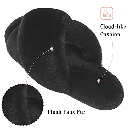 VONMAY Women's Fuzzy Slippers Cross Band Faux Fur Open Toe House Shoes - image 3