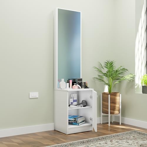 Image of VIKI |Engineered Wood Dressing Table 1 Door with Shelf, Mirror and Huge Storage Space | Vanity for Living Room, Bedroom (Frosty White - 43.8W x 40D x 182.6H cms)