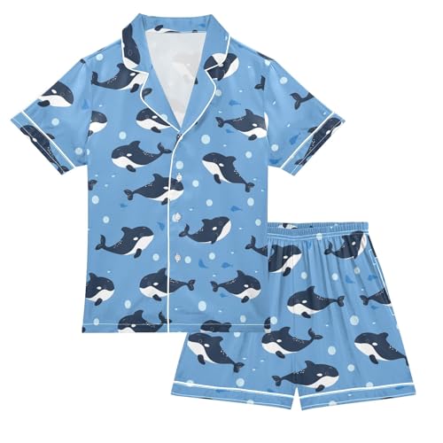Cartoon Killer Whale Summer Satin Pajama Set, Cute Button-Down Sleepwear Pj Set for Sleep Wears