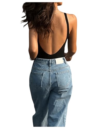MakeMeChic Womens Sexy Square Neck Thong Bodysuit Open Back Cami Bodysuit Top Black Small