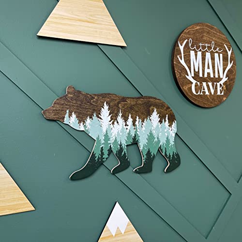 Forest Bear Wall Sign, Adventure Woodland Theme, Rustic Nursery Decor, Pine Tree Mountain Aesthetic, 18 X 10 Inches, Man Cave Home Bedroom Cabin Office House Art Decorations, Hickory Hollow Designs… (Dark Walnut/Green Pine Trees) #TOP7