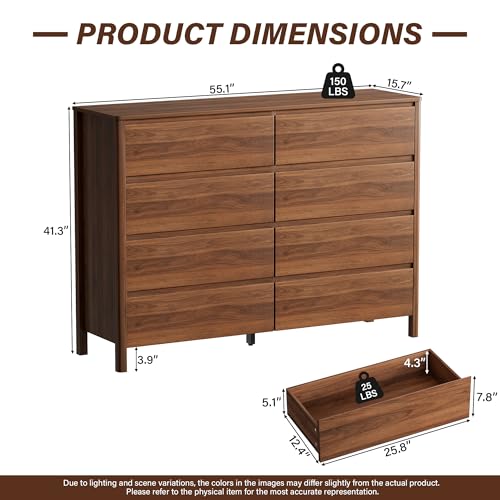 Image of Furniway Walnut Mid-Century Modern Dresser and Nightstand Sets 3 Piece | 8 Drawer Dresser features sturdy wood legs, creating a minimalist storage solution for bedrooms and modern living spaces