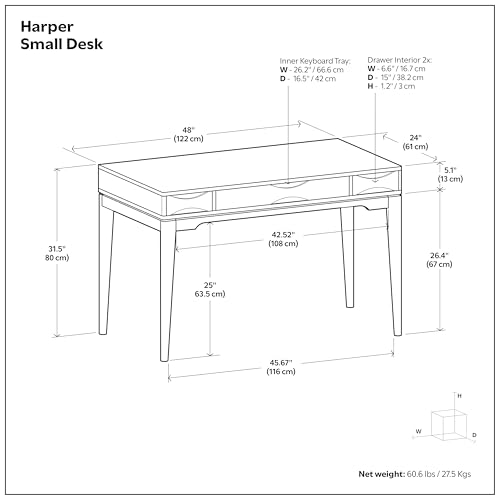 Image of SIMPLIHOME Harper Small Desk - 48 inch Wide Solid Hardwood Writing Desk in Honey Brown, Mid-Century Modern Home Office Table for Study or Work with 2 Drawers and Flip-Down Keyboard Tray