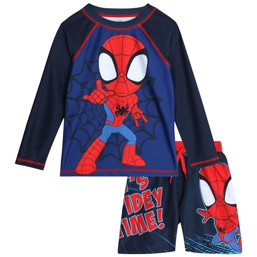 Marvel Boys Rash Guard Set - 2 Piece Spiderman Spidey & His Amazing Friends UPF50+ Swim Shirt & Swim Trunks for Boys (2T-12), Size 3T, Navy Spidey Time