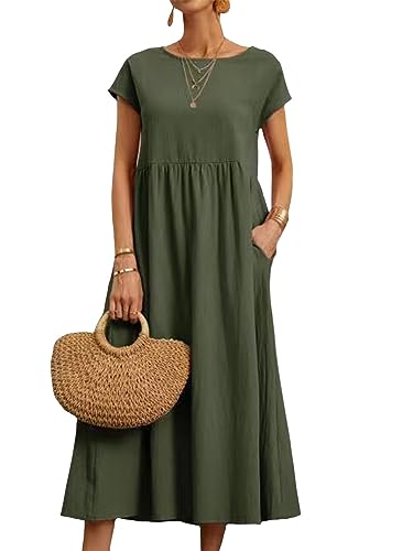 LOAIHA Women Casual Short Sleeve Dresses Swing Beach Dress with Pockets Medium Green