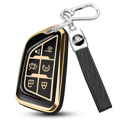 Image of QBUC for Cadillac Key Fob Cover with Leather Keychain (Gold Trim Black) | Soft TPU Protection Case Compatible with 2020-2026 Cadillac Escalade Lyriq Optiq 6-Buttons