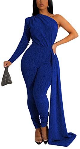 PaladMom Sexy Sparkly Clubwear Party Bodycon Jumpsuits for Women Dressy Casual One Shoulder Long Sleeve Stretchy Ruched Long Pants Romper with Belt Rope Blue