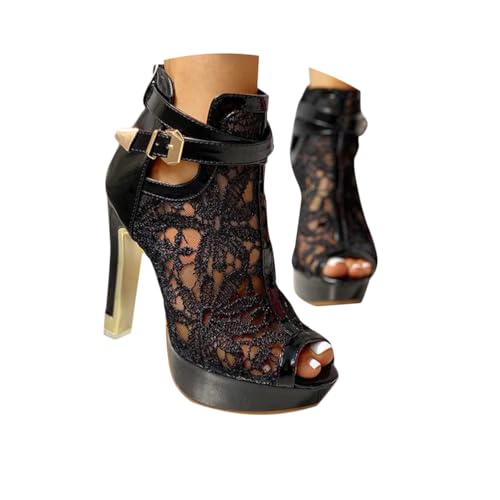 Minetom Sandalen Damen Pumps Schuhe Lace Hohl Blockabsatz High Heels Open...