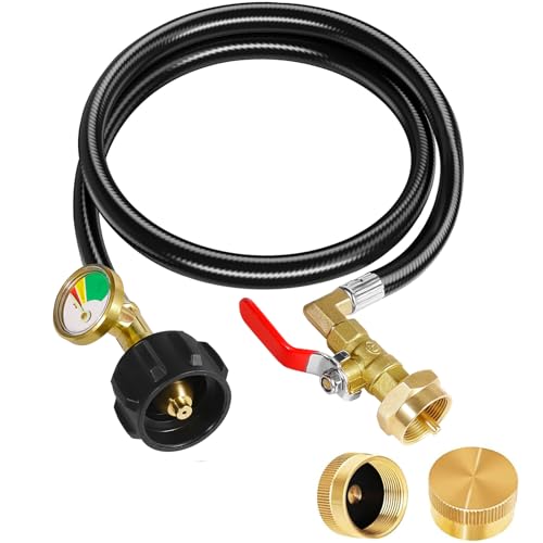 Detoypapa Propane Refill Adapter for 1 lb. Tanks,Upgrade 3FT/36\" Propane Tank Refill Adapter Hose with Guage and ON-Off Control Valve.2 Propane Bottle Caps Included