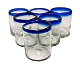 EMPORION Set of 6 Hand-Blown Tumbler (10 oz) Glasses from Mexico with Cobalt Blue Rim - Rustic & Handcrafted Recycled Bubble Glass Drinking Glassware