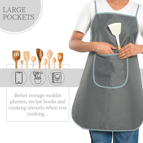 Image of Kuber Industries 2 Pcs PVC Waterproof Apron for Women & Men with Center Pocket | Machine Washable Kitchen Apron for Home, Grill & Restaurant | Mini Check Print - Grey