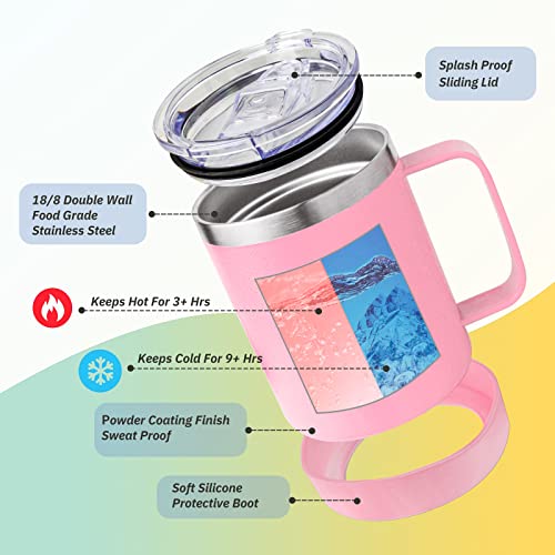 Froscold Insulated Coffee Mug With Lid & Straw, 12Oz Double Wall Camping Mug Tumbler With Handle, Reusable Stainless Steel Travel Coffee Mug, Thermal Coffee Cup For Outdoor, Office, Gift (Pink) #TOP2