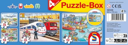 Schmidt Spiele 56508 Verkehrsmittel, 4 Kinderpuzzle im Metallkoffer, 2x26 und 2x48 Teile