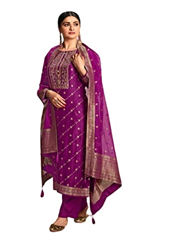 Salwar kameez indien de mariage en soie violette avec plazzo brodé main