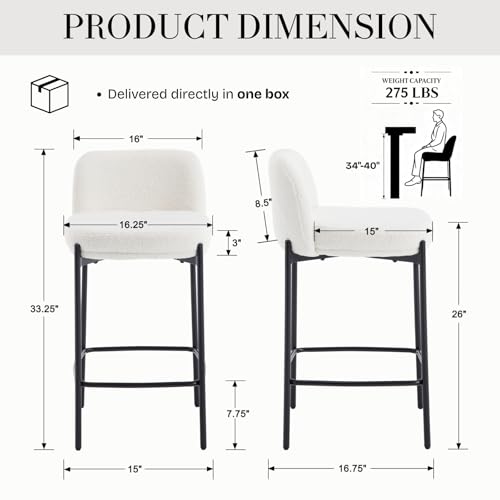 Image of 26 Inch Counter Height Bar Stools Set of 2, Modern Barstools, White