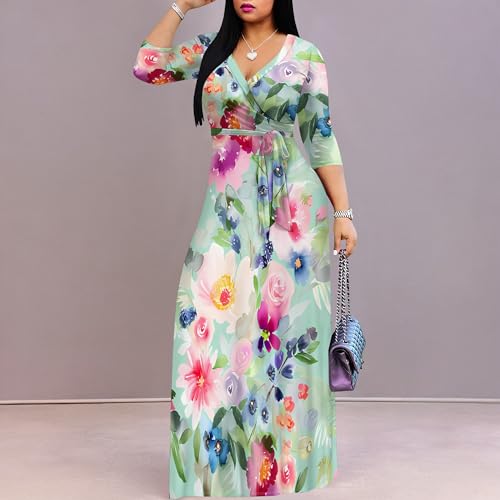 Image of PinkPatty Women's Print Maxi Dresses 3 /4 Sleeve Flowy Long Dress V Neck Wrap Tie Waist Sundress