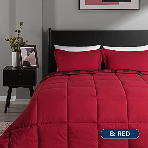 Image of downluxe Lightweight Plaid Comforter Set (Queen) with 2 Pillow Shams - 3-Piece Set - Red /Black Plaid - Down Alternative Reversible Comforter