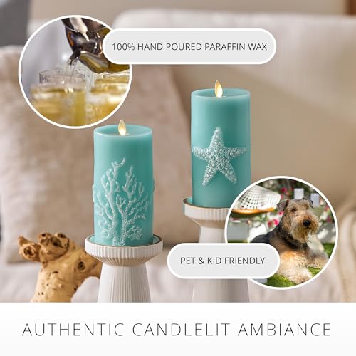 Image of Luminara Embossed Starfish Flameless LED Candle Moving Flame Pillar Unscented Real Wax with Recessed Edge - 3 inch x 6.5 inch (Soft Teal)