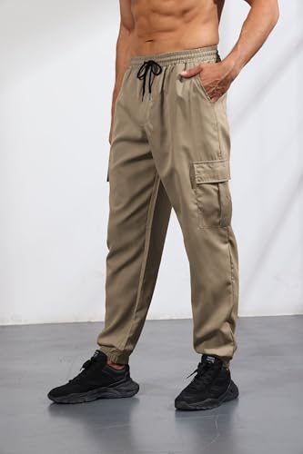 Mens Cargo Pants Casual Lightweight Elastic Waist Drawstring Tapered Pant with Pockets4
