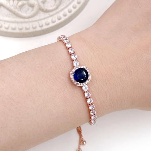 Image of Rose Plated Gold Brass Box Chain Cubic Zirconia Classic Tennis Slider Adjustable Bracelet, Round Big Zircon Charm Give Woman Mom Mother's Day Fashion Crystal Gift