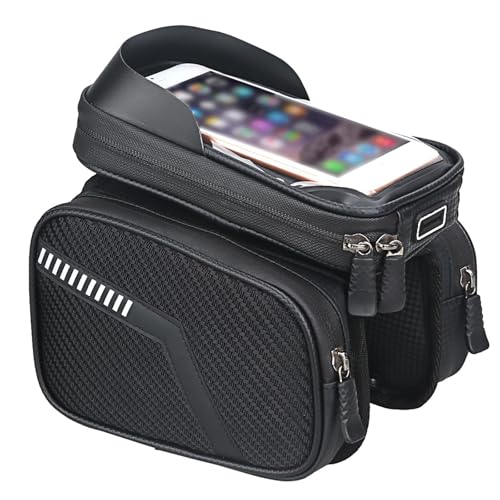ponuyt Bike Phone Front Frame Bag for Polygon Siskiu D7, Bike Bag Phone Mount Bag with TPU Sensitive Touchscreen, Top Tube Bike Bag Cycling Tools Storage Bag,A Black
