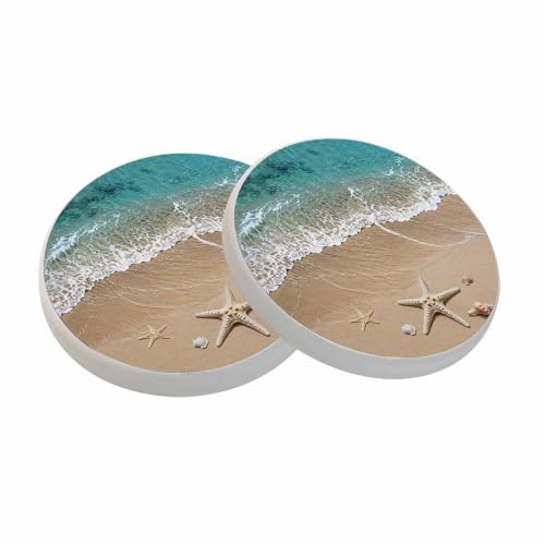oFloral Summer Beach Coasters for Drinks Sea Wave Starfish on Sand Cups Place Mats for Home Decor Set of 2, 4 Inch