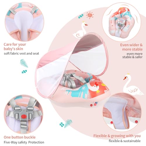 Swimbobo Infant Pool Float with Sun Canopy Inflatable Baby Swimming Floatie with Sponge Safety Bottom Support Water Toys Swimming Trainer(Pink Swan,Large) — view 4