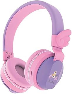 Riwbox Kids Headphones Wireless, BT05 Wings Kids Bluetooth Headphones Over Ear 85dB/103db Volume Control Foldable Children Headphones with Mic/TF Card for Tablet/Phone/School (Purple&Pink)