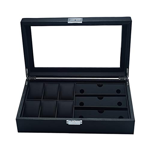 MQ Watch Box Eyeglass Sunglass Organizer with Glass Top for Men / Women, Carbon Fiber Watch Holder Jewelry Case Box, 6 Slot for Watch Display & 3 Compartment for Eyeglass Collection (Black)