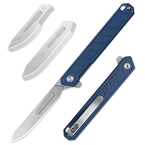 Image of OLITANS G046 Mecha Mini Slim Folding Scalpel with 5pcs #24 and 5pcs #60 G10 Handle with Liner Lock, Utility EDC Pocket Knife with Back Clip(Blue)