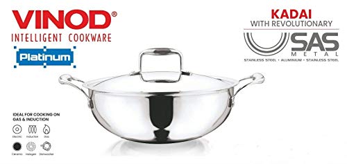 Vinod Platinum Induction Stainless Steel Tri Ply Extra DEEP Kadai Wok Saucepan | Size :- 18cms Extra Deep Kadai with Stainless Steel Lid - 1.1 LTR 2 Gallery Image