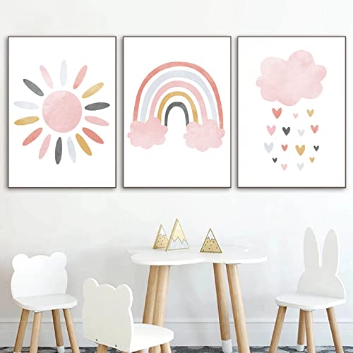 Sun Rainbow Canvas Wall Art Nursery Pink Rainbow Print Sun And Rainbow Nursery Wall Art Sun And Clouds Painting Light Pink Rainbow And Sun Art Nordic Pictures Girls Room Decor 12X16Inch X3Pcs No Frame #TOP3