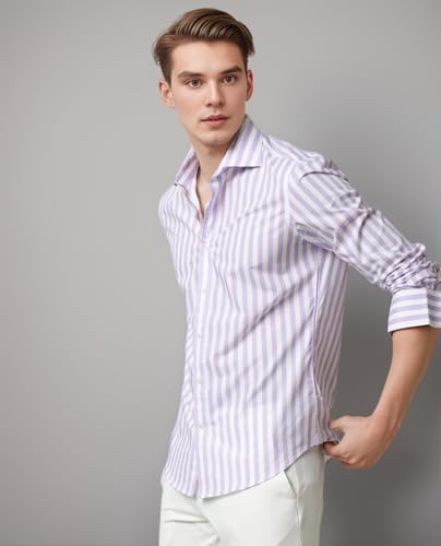 Image of IndoPrimo Men's Cotton Shirt with Full Sleeves Spread Collar Classic Style Striped Pattern Regular Fit and Standard Length