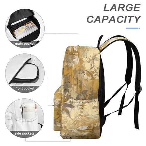 Gold And Beige Flowers Printed Backpack Water-Resistant Pack Stylish Bag Lightweight Travel Backpack4